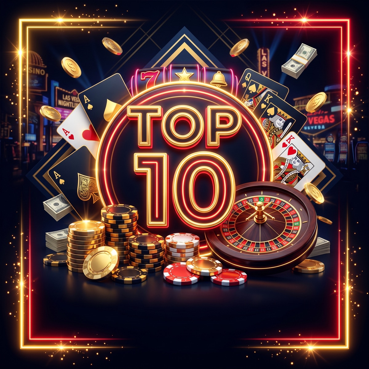 Neon casino collage with a glowing TOP 10 sign, chips, cards and a roulette wheel