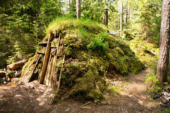 A turf-roofed forest hut at Kolarbyn Eco-Lodge with a wood block outside
